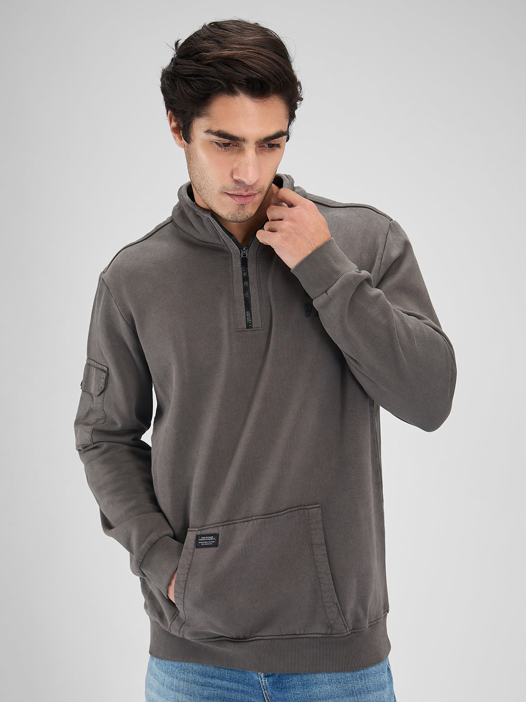 Spykar Men Solid Gray Regular Fit Full Sleeves Sweat Shirts