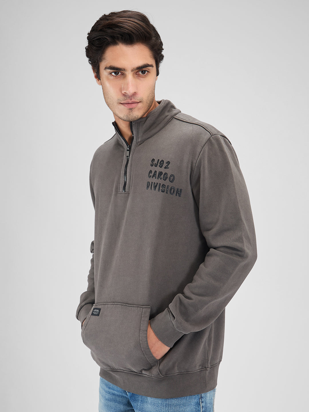 Spykar Men Solid Gray Regular Fit Full Sleeves Sweat Shirts