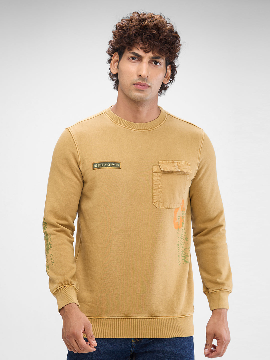 Spykar Khaki Cotton Full Sleeve Sweatshirt For Men