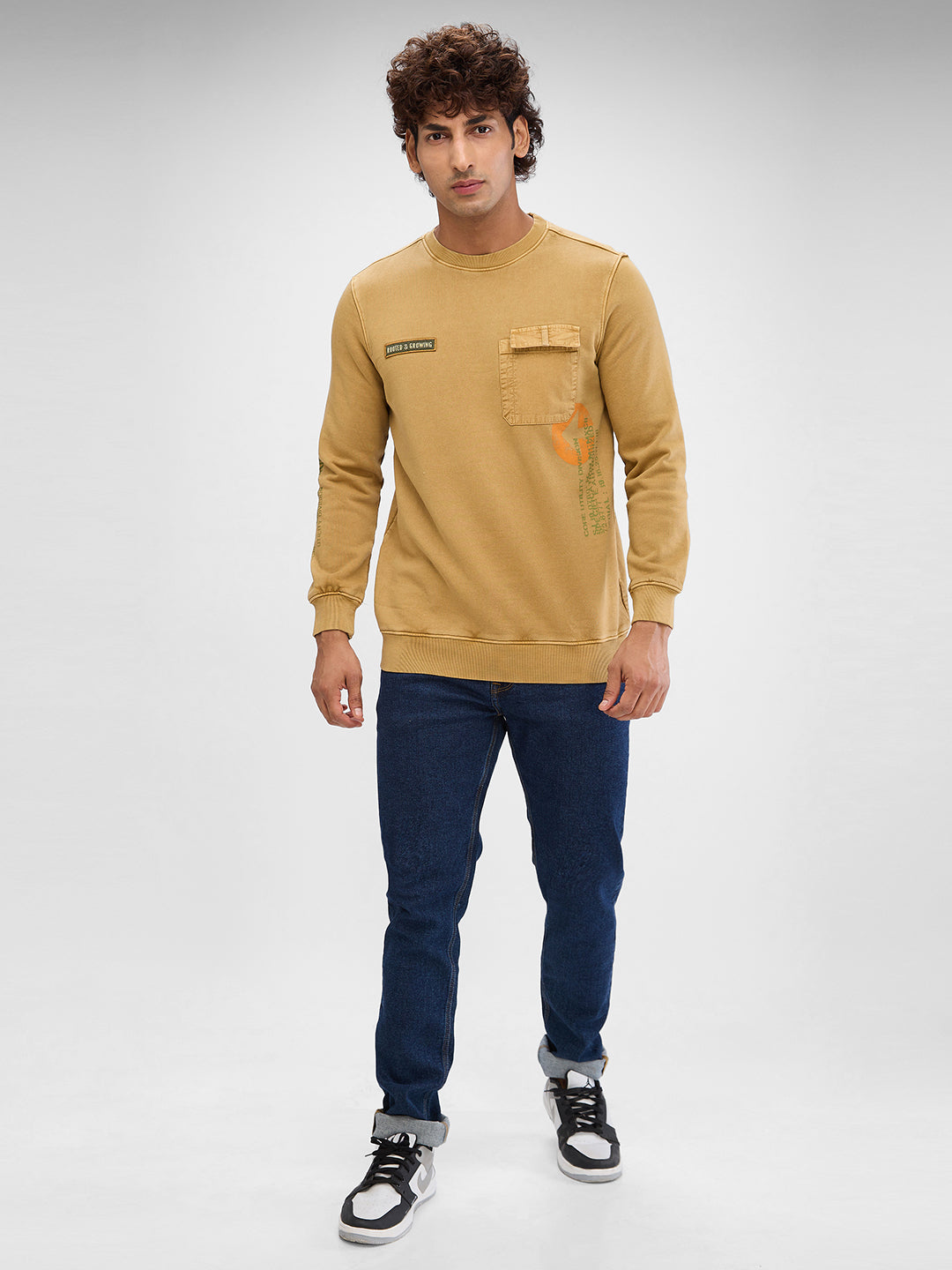 Spykar Khaki Cotton Full Sleeve Sweatshirt For Men