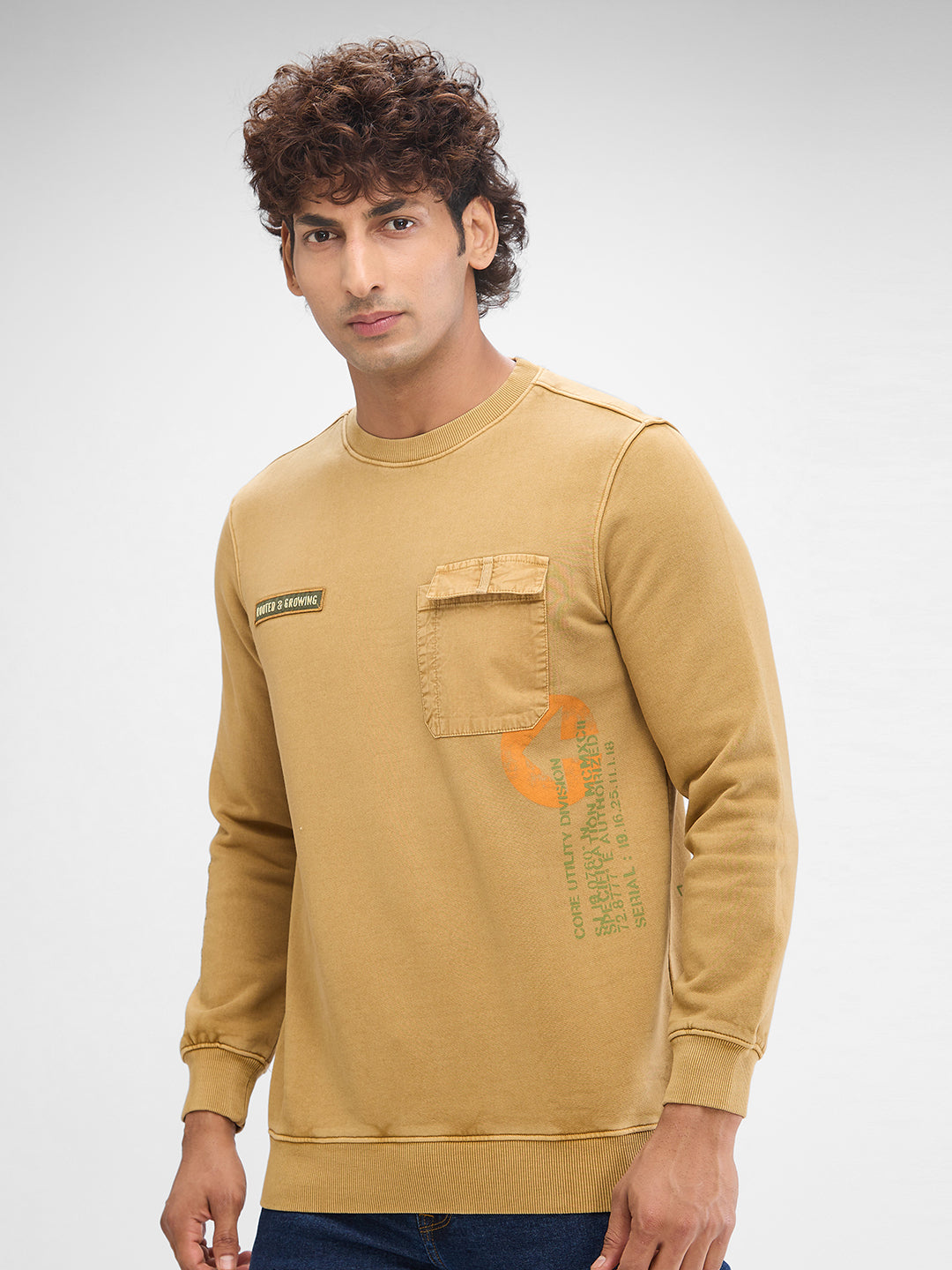 Spykar Khaki Cotton Full Sleeve Sweatshirt For Men