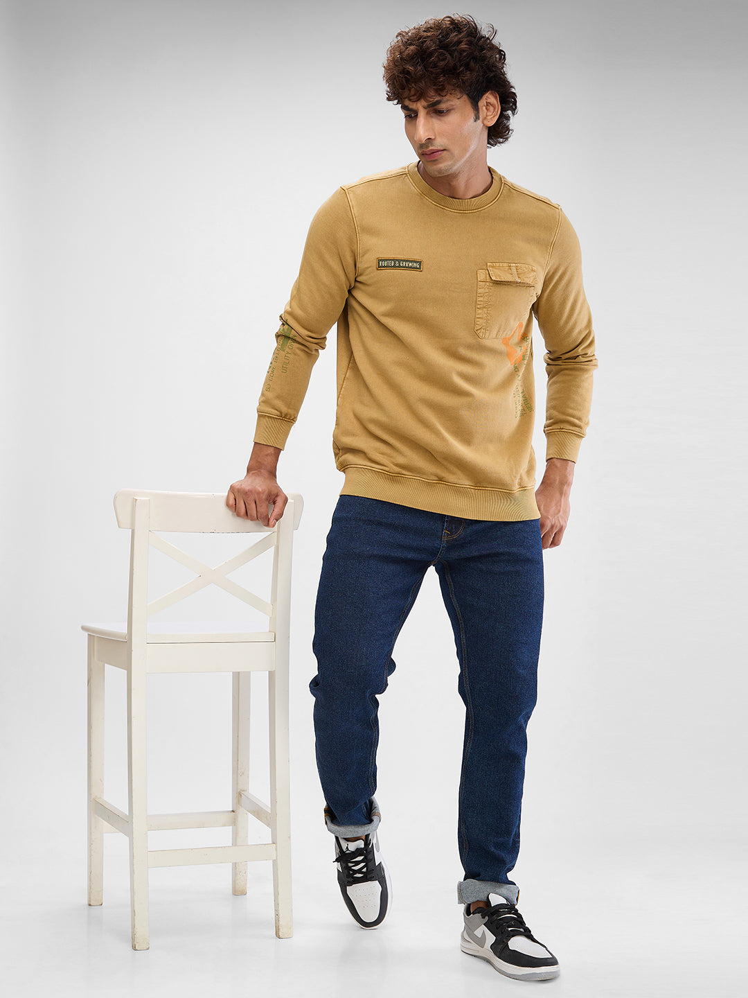 Spykar Khaki Cotton Full Sleeve Sweatshirt For Men