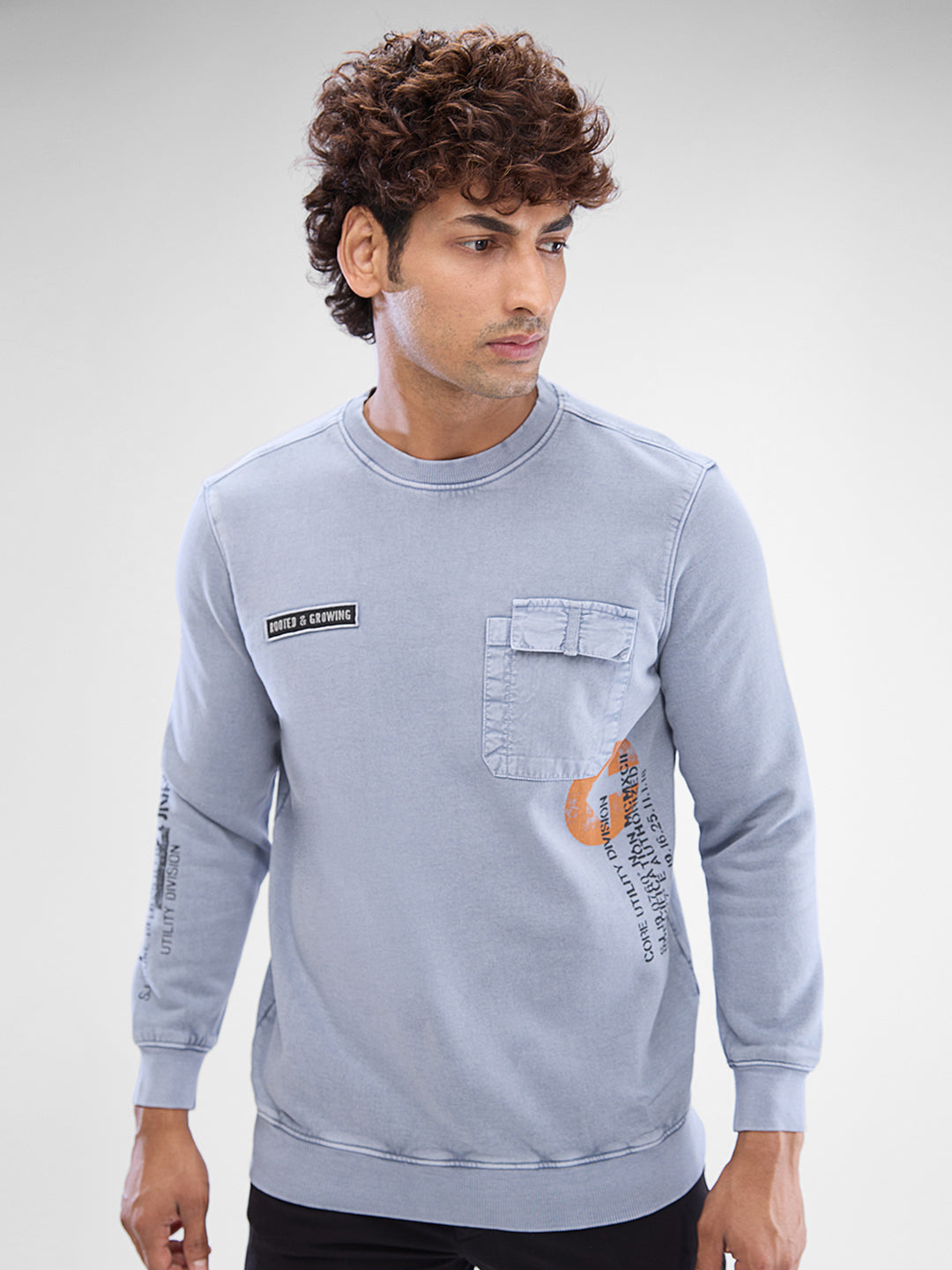 Spykar Light Grey Cotton Full Sleeve Sweatshirt For Men