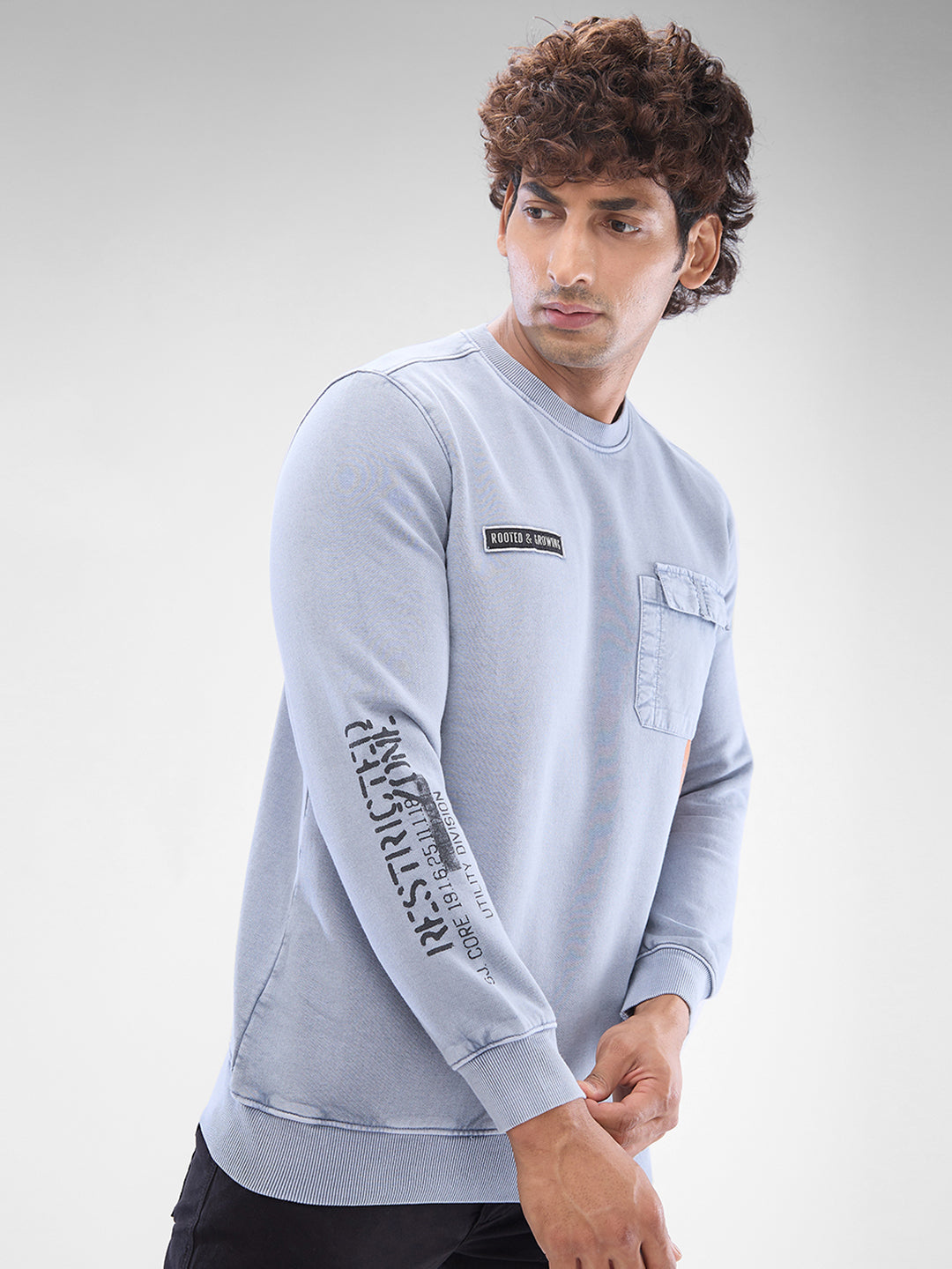 Spykar Light Grey Cotton Full Sleeve Sweatshirt For Men