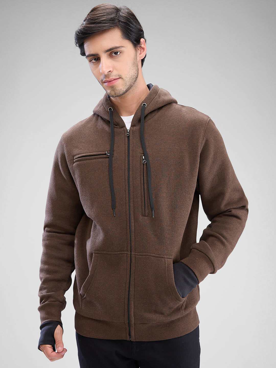 Spykar Brown Melange Fleece Full Sleeve Sweatshirt For Men