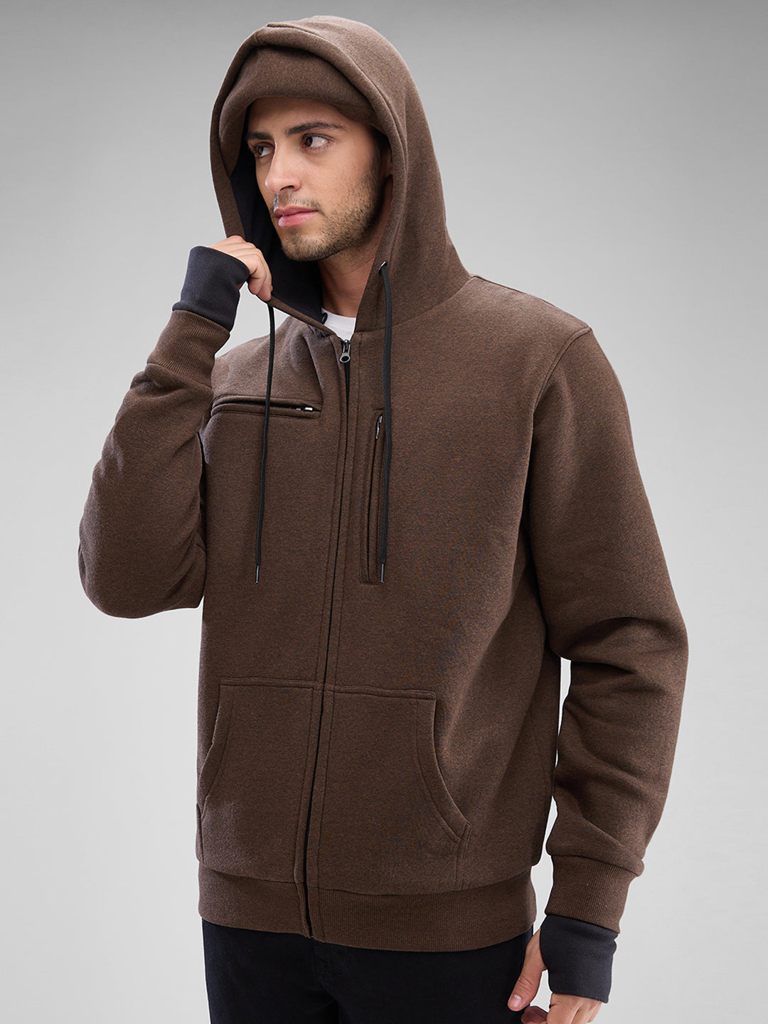 Spykar Brown Melange Fleece Full Sleeve Sweatshirt For Men