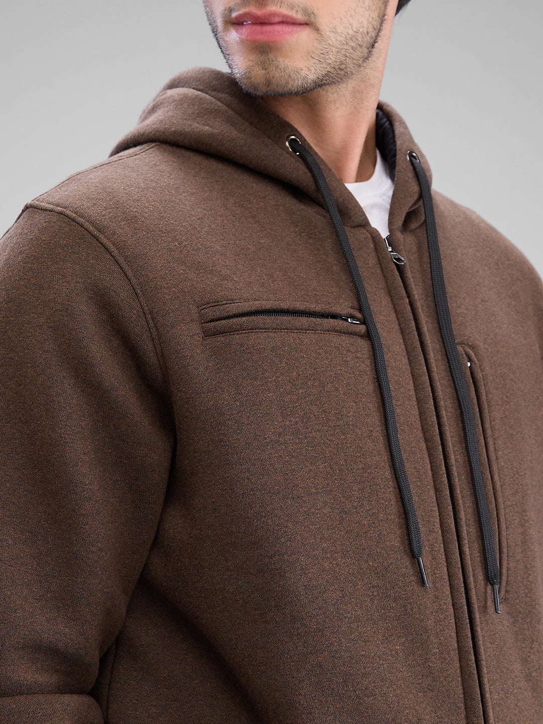 Spykar Brown Melange Fleece Full Sleeve Sweatshirt For Men