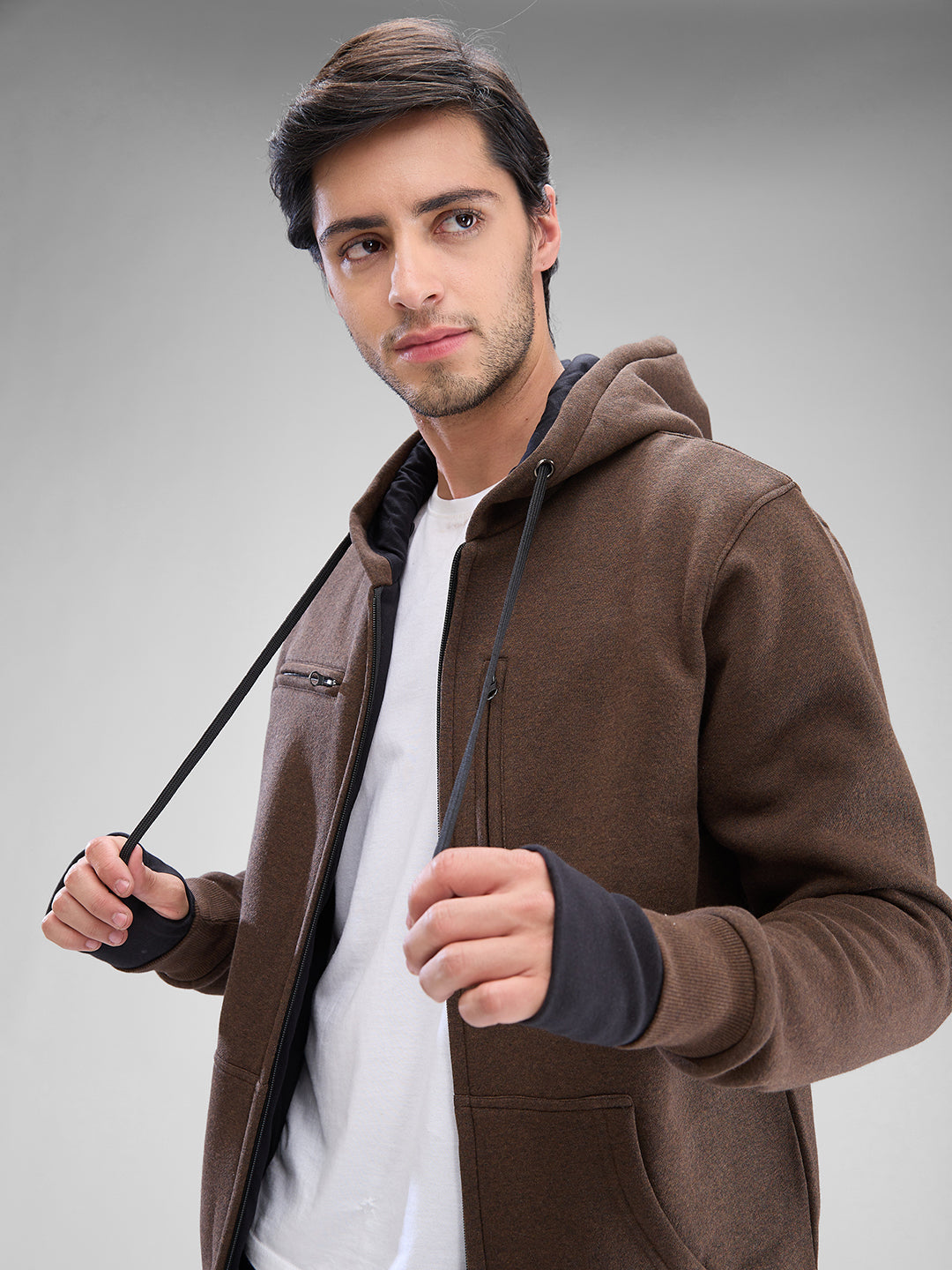 Spykar Brown Melange Fleece Full Sleeve Sweatshirt For Men