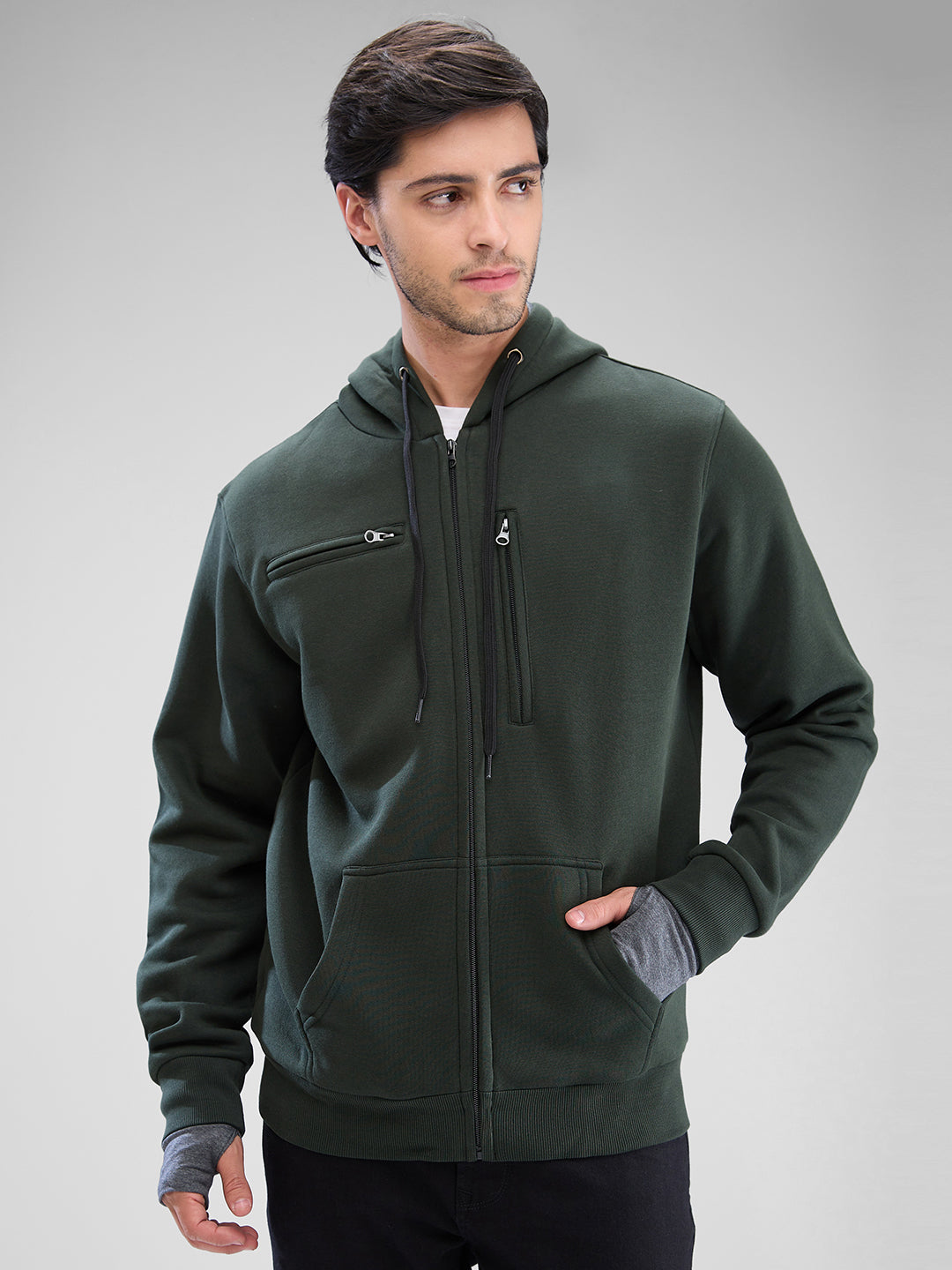 Spykar Rifle Green Fleece Full Sleeve Sweatshirt For Men