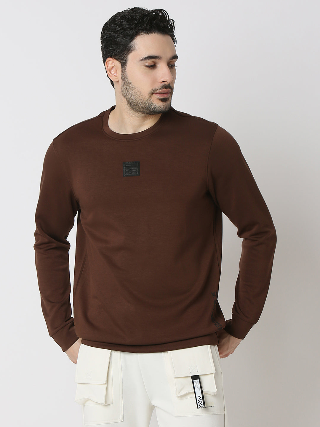 Spykar Bison Brown Cotton Poly Slim Fit Sweatshirt For Men