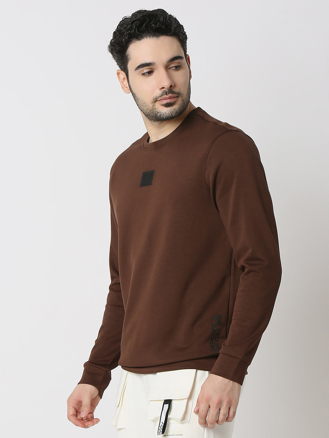 Spykar Bison Brown Cotton Poly Slim Fit Sweatshirt For Men