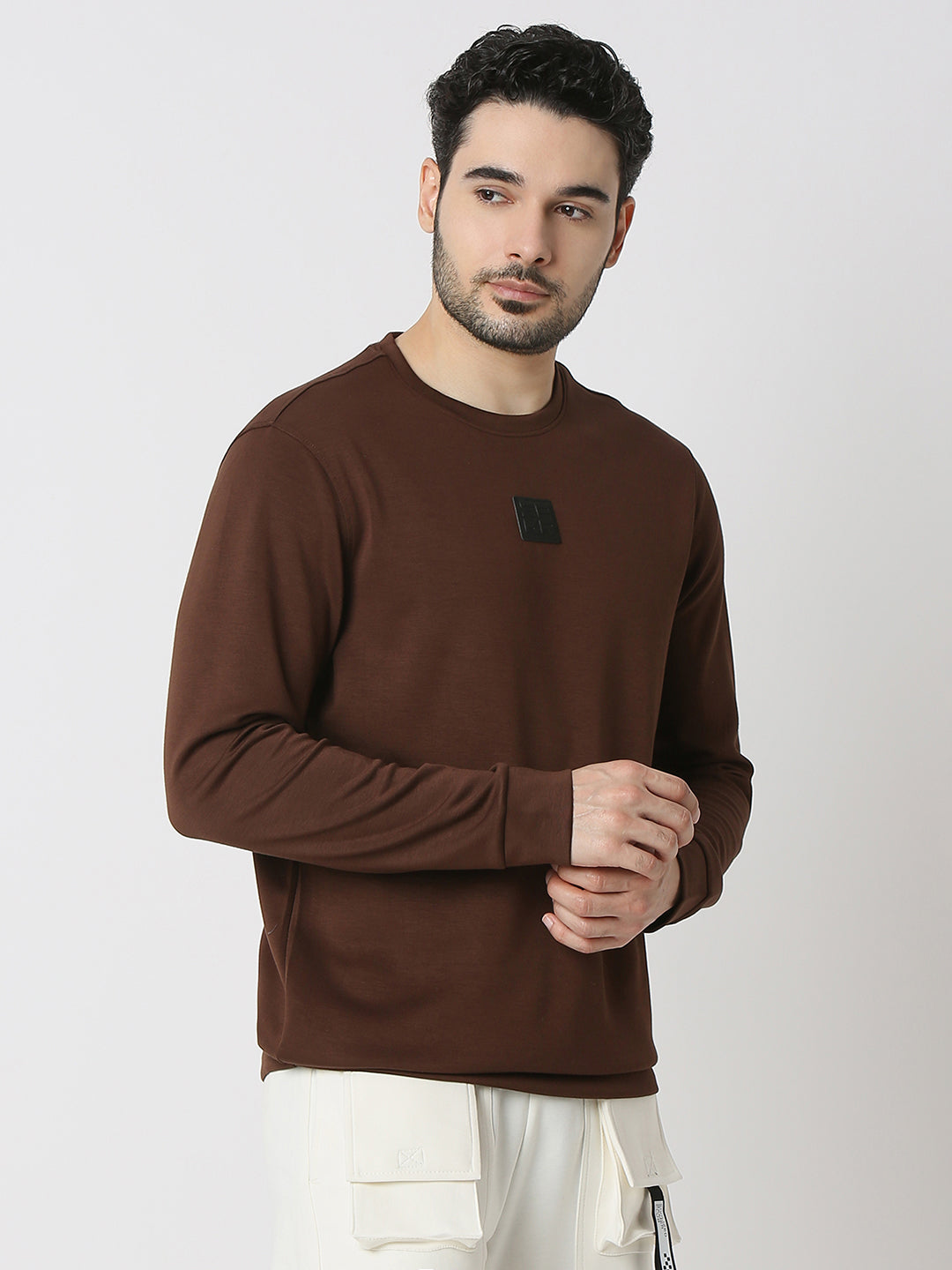 Spykar Bison Brown Cotton Poly Slim Fit Sweatshirt For Men