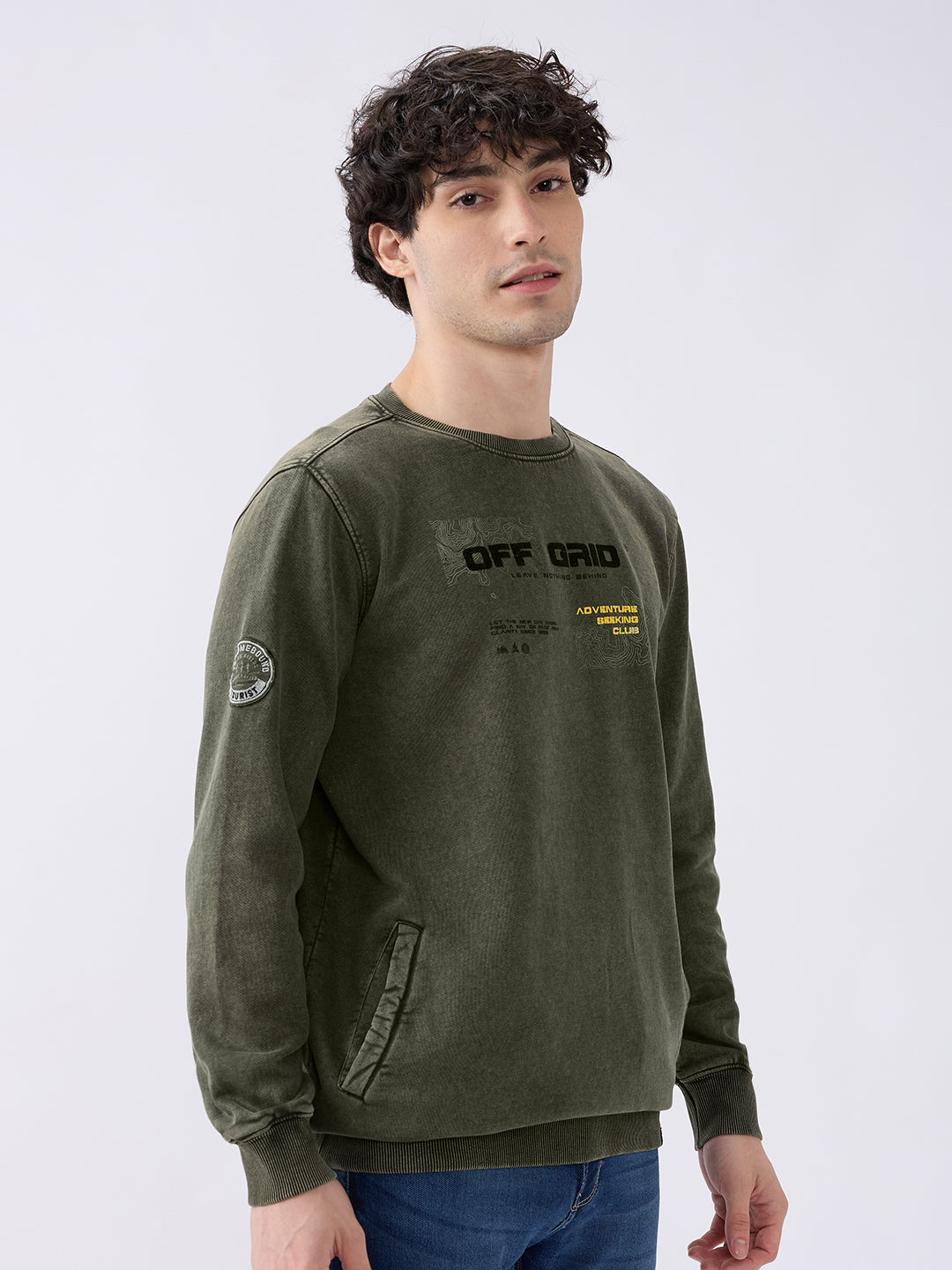 Spykar Solid Military Green Slim Fit Sweatshirts For Men