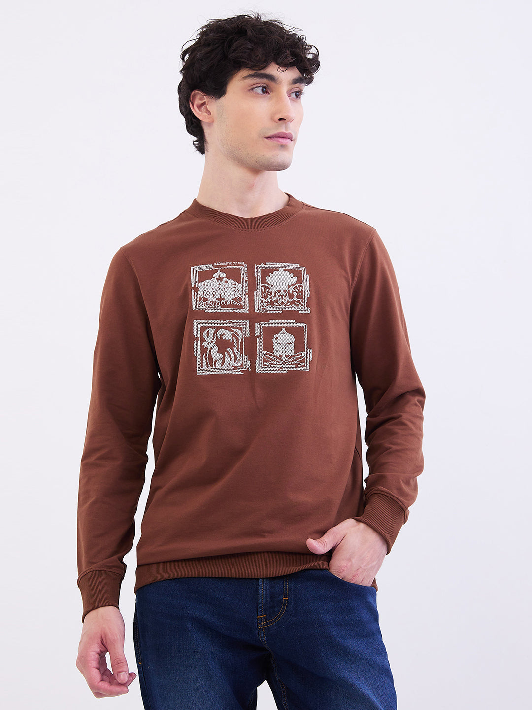 Spykar Bison Brown Slim Fit Casual Sweatshirts For Men