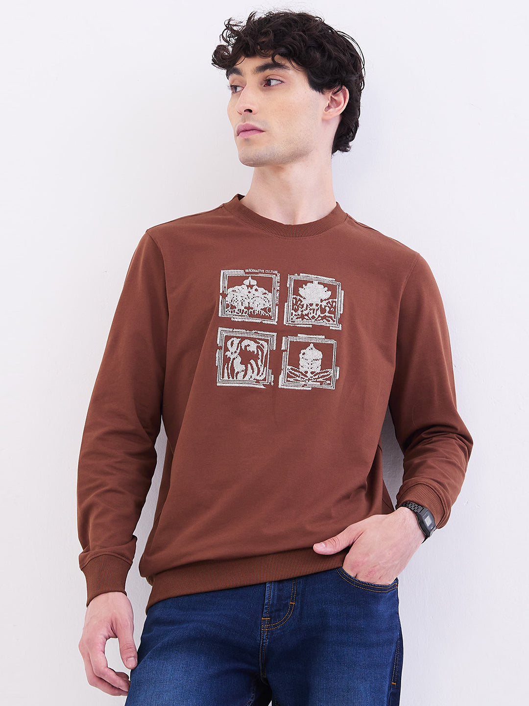 Spykar Bison Brown Slim Fit Casual Sweatshirts For Men
