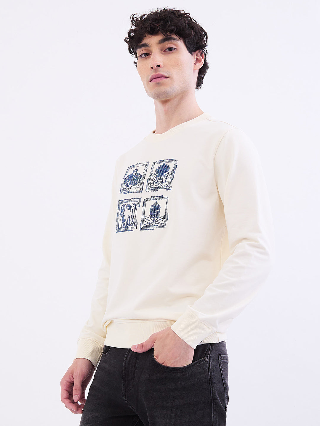 Spykar Off White Slim Fit Casual Sweatshirts For Men
