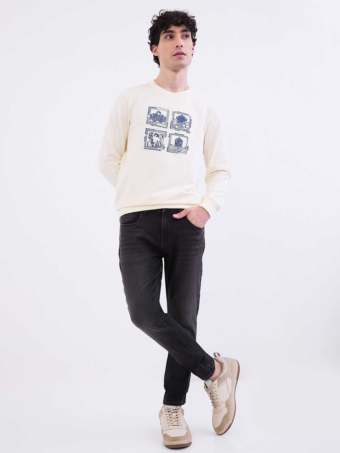 Spykar Off White Slim Fit Casual Sweatshirts For Men