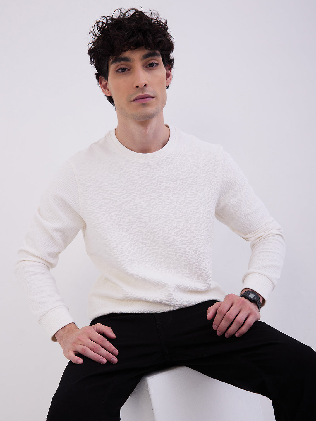 Spykar Off White Slim Fit Casual Sweatshirts For Men