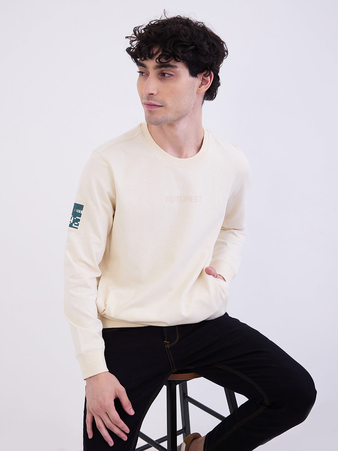 Spykar Off White Slim Fit Casual Sweatshirts For Men