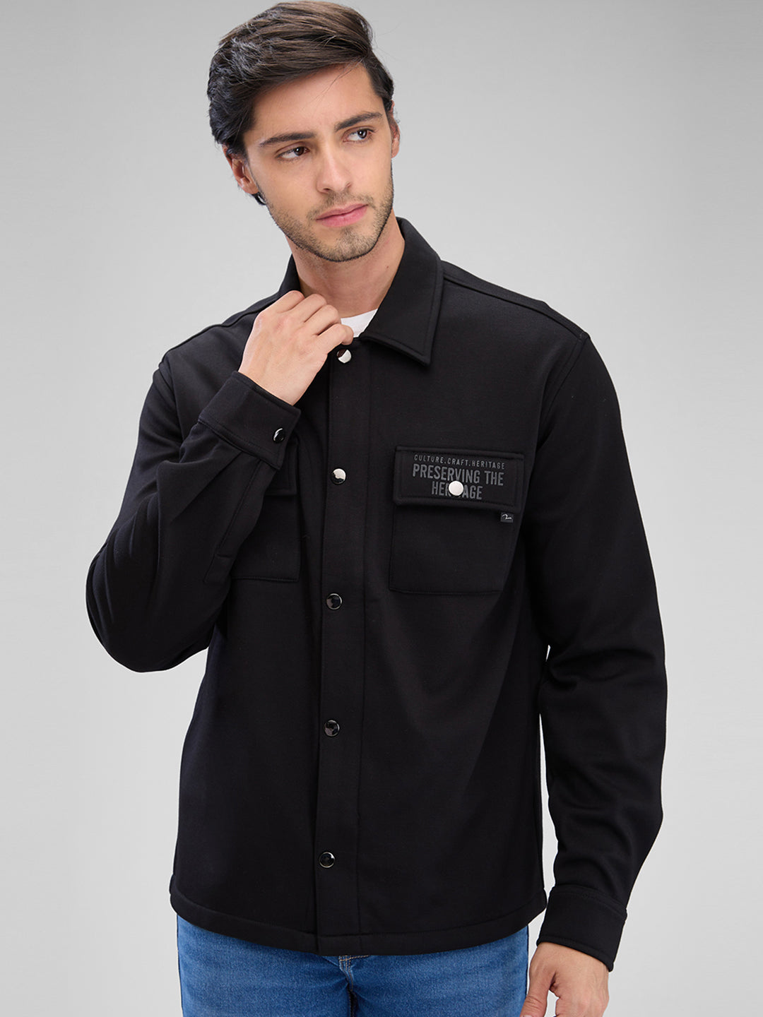 Spykar Black Cotton Polyester Full Sleeve Shacket For Men