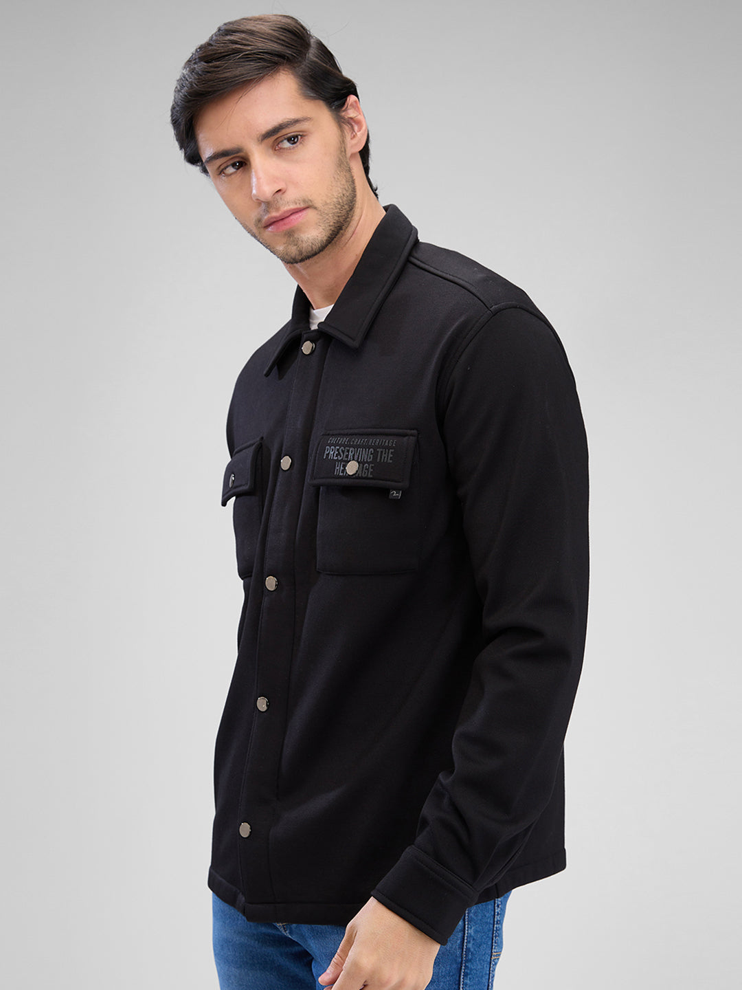 Spykar Black Cotton Polyester Full Sleeve Shacket For Men