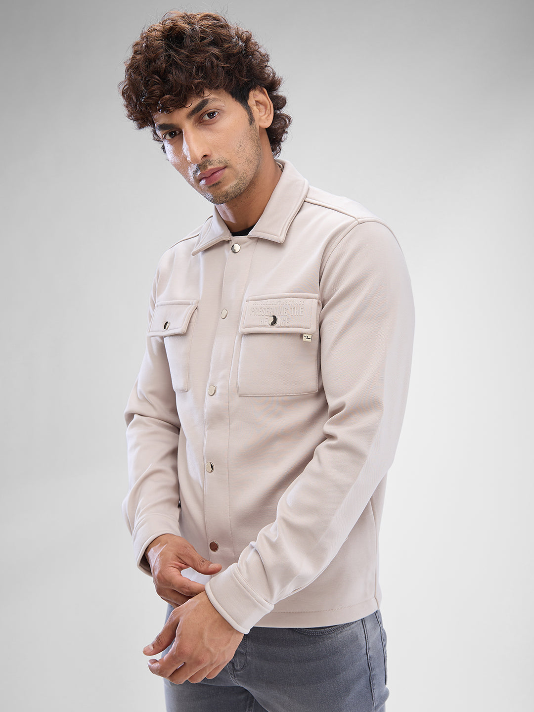 Spykar Parchment Beige Cotton Polyester Full Sleeve Shacket For Men