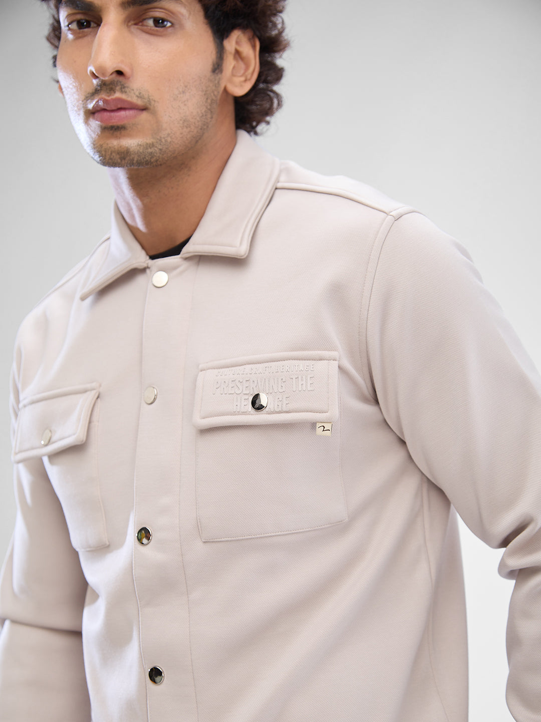 Spykar Parchment Beige Cotton Polyester Full Sleeve Shacket For Men