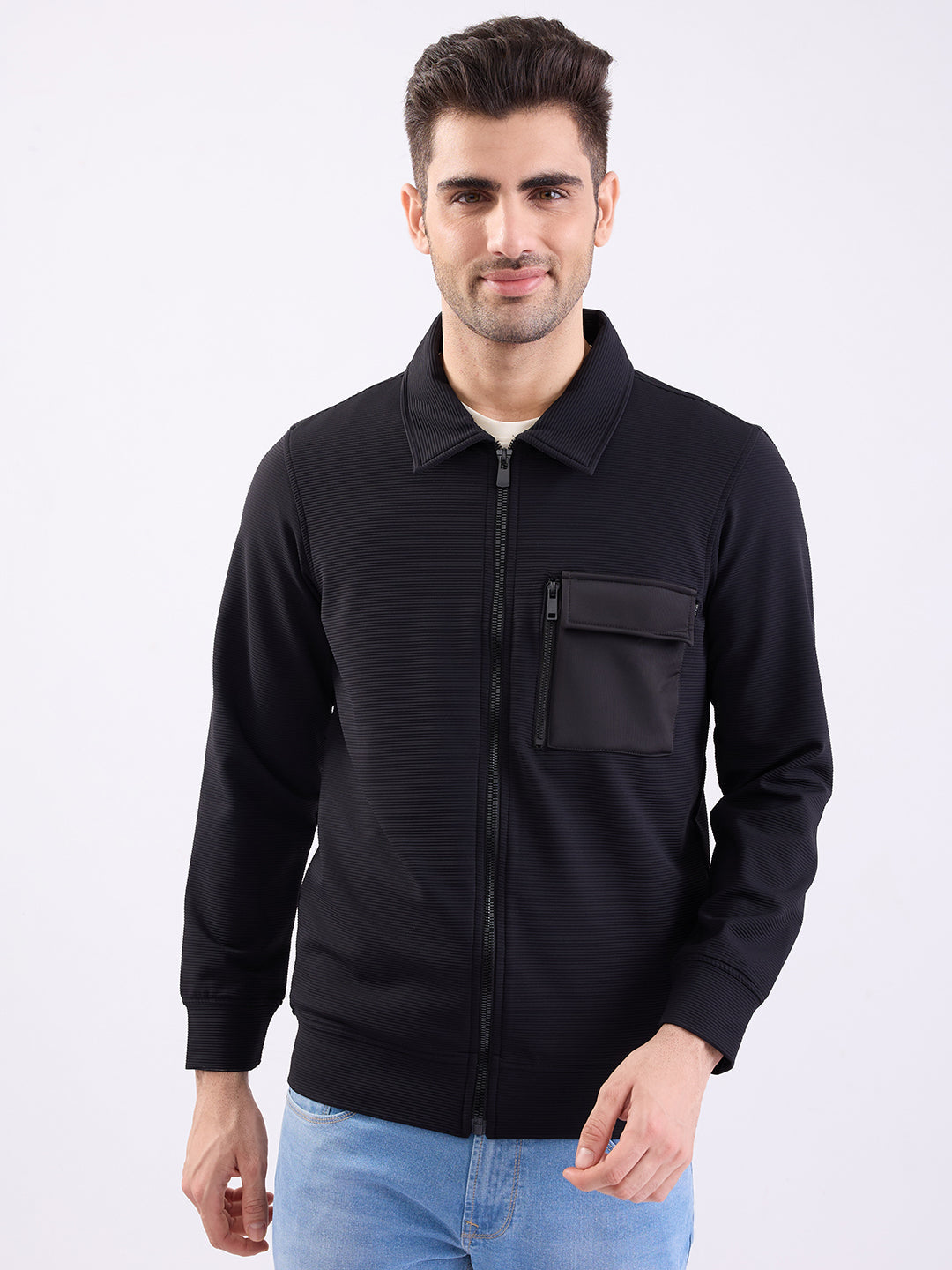 Spykar Black Straight Fit Casual Shackets For Men