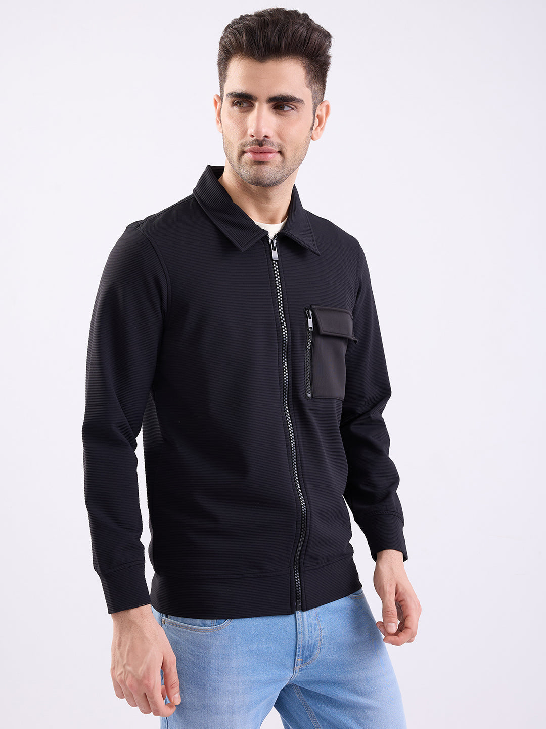 Men Shacket Black Straight Fit