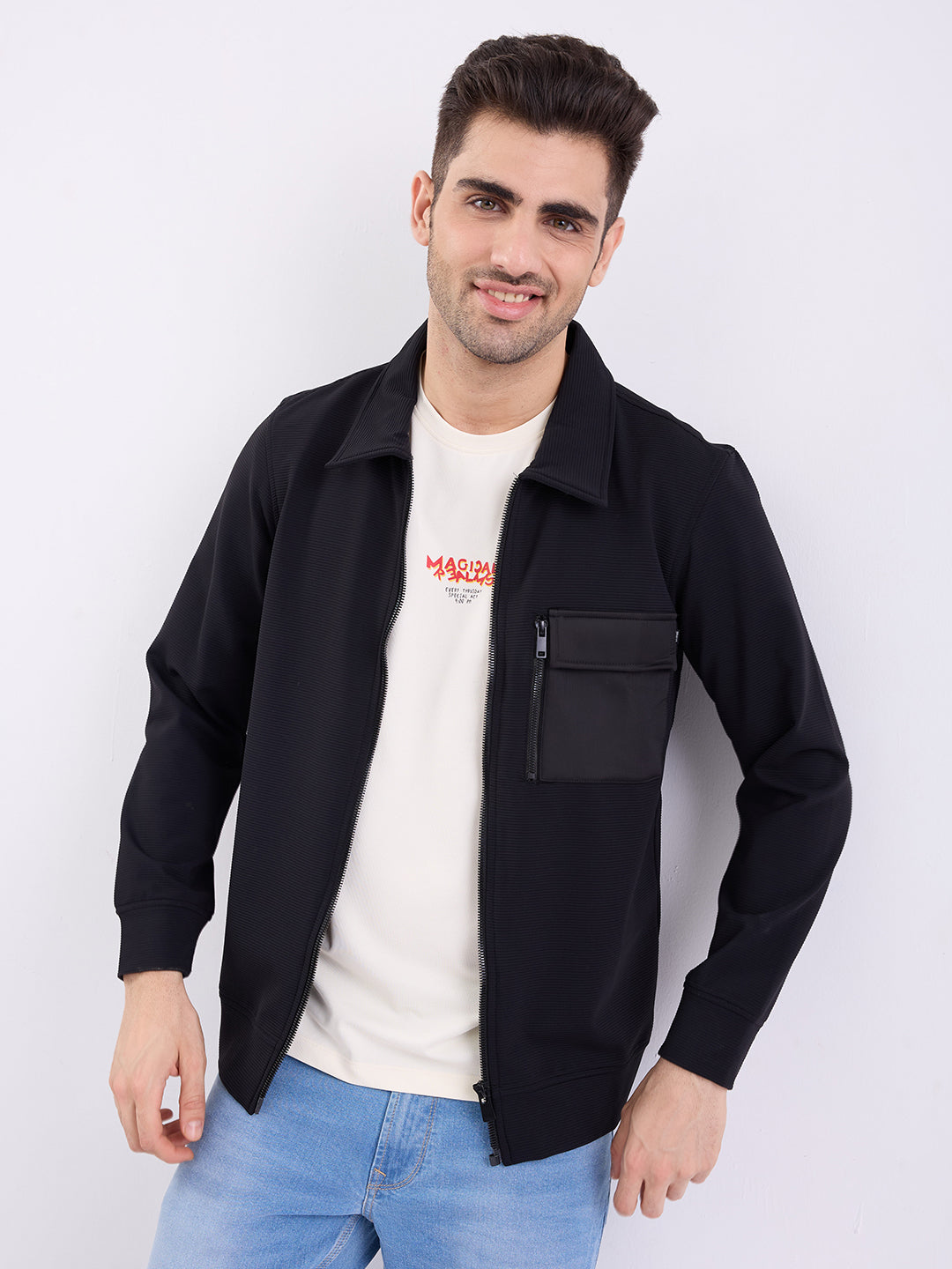 Spykar Black Straight Fit Casual Shackets For Men