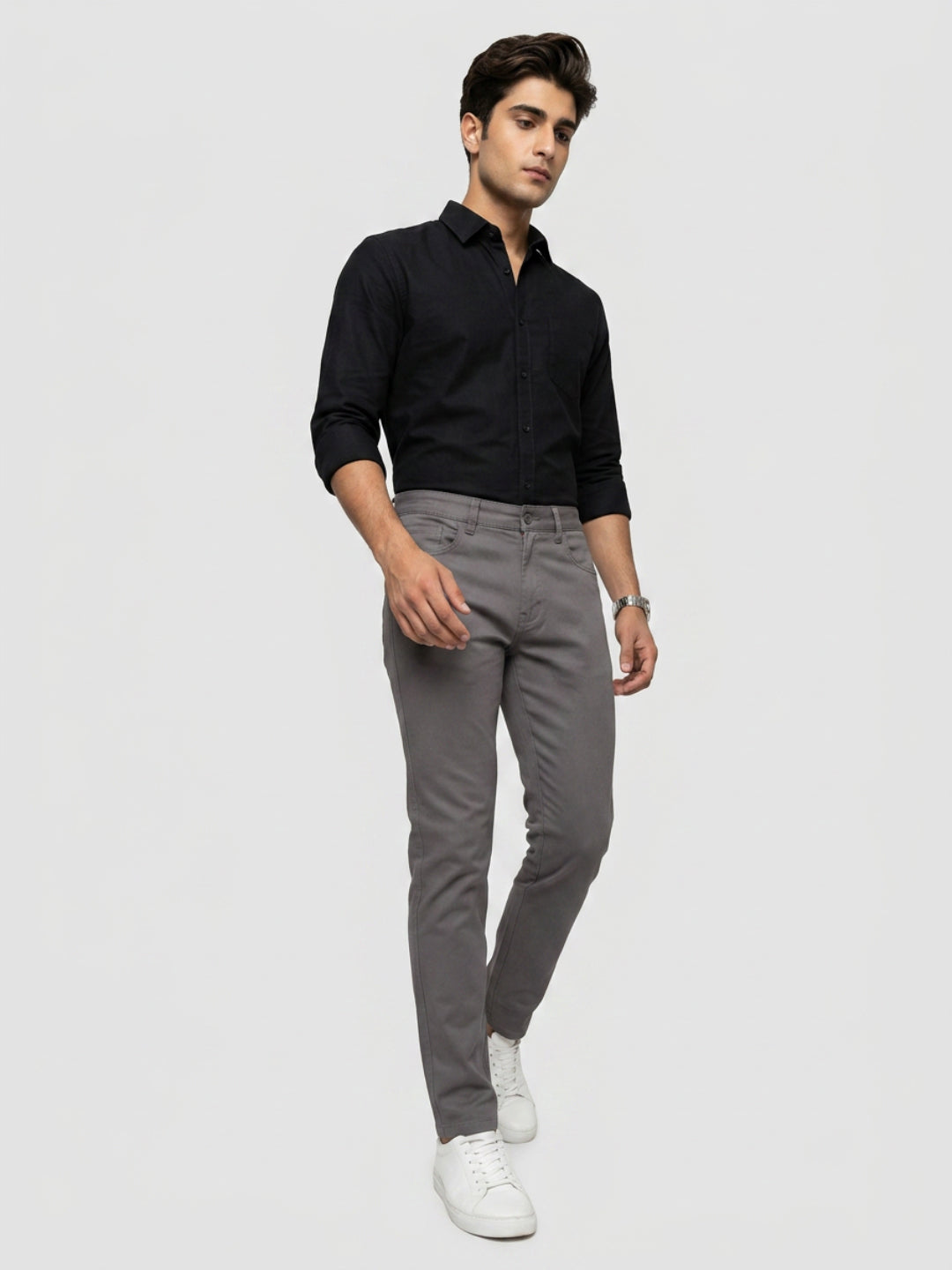 Men Trouser Regular Fit Grey Mid Rise