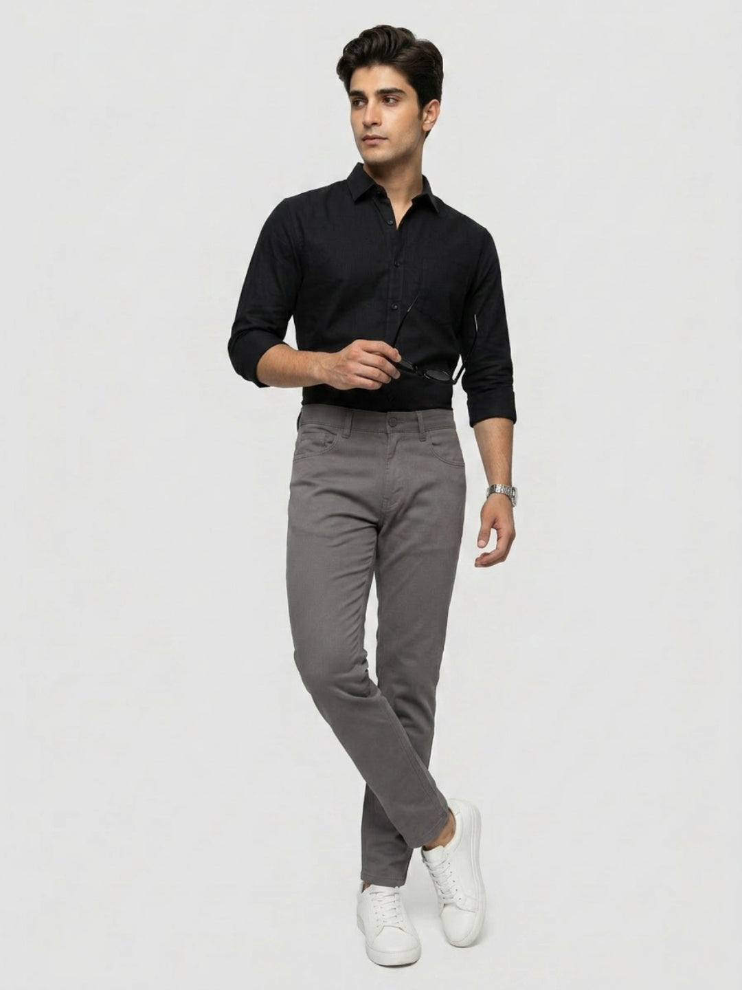 Men Trouser Regular Fit Grey Mid Rise