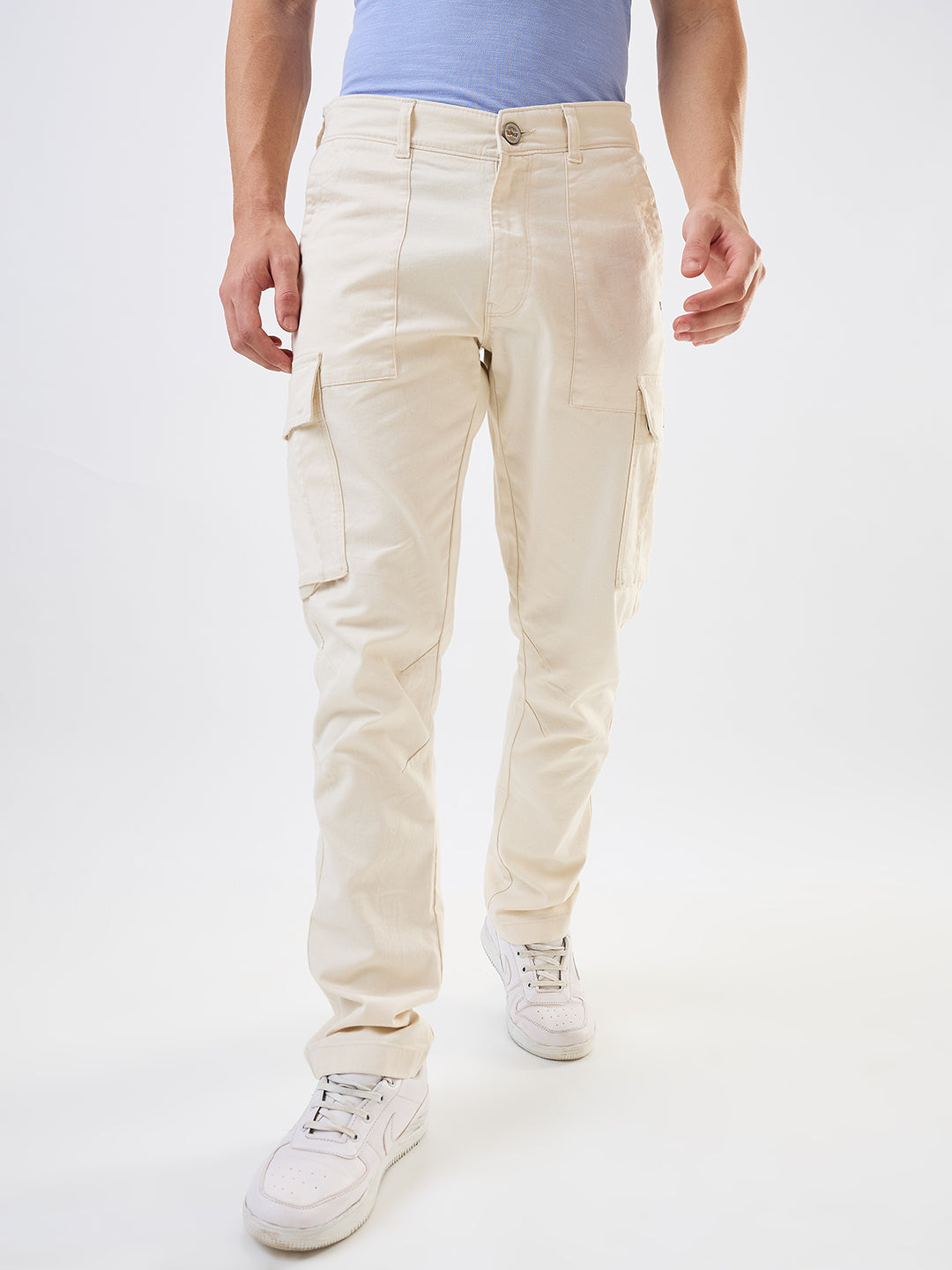 Men Cargo Regular Fit White Mid Rise