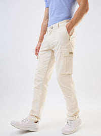Men Cargo Regular Fit White Mid Rise