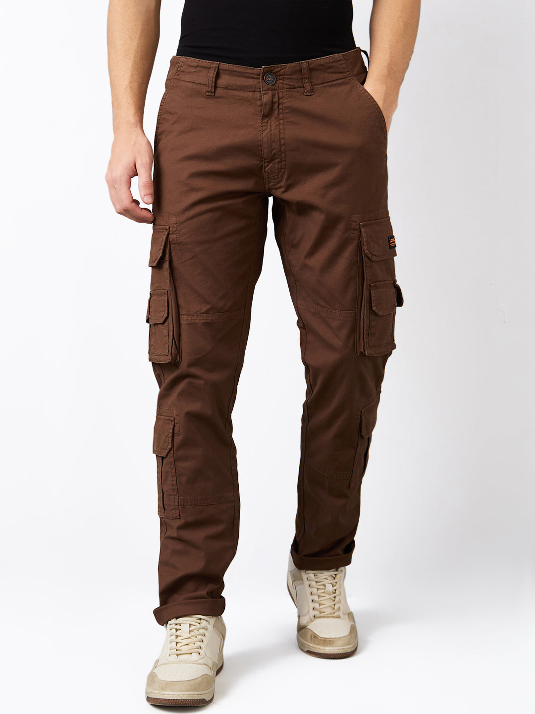 Spykar Brown Straight Fit Mid Rise Cargo For Men