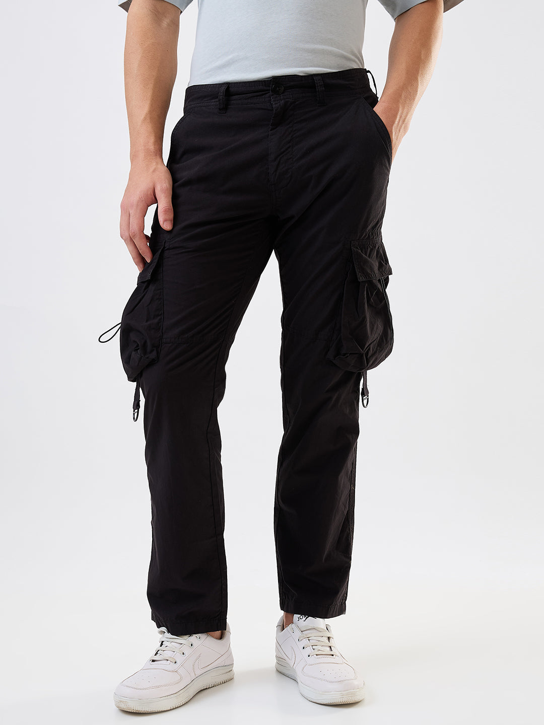 Men Cargo Straight Fit Black Mid Rise