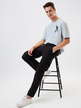 Men Cargo Straight Fit Black Mid Rise