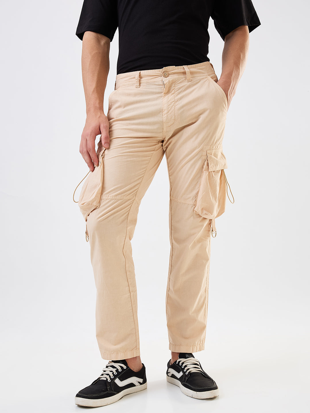 Men Cargo Straight Fit Beige Mid Rise