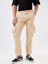 Men Cargo Straight Fit Beige Mid Rise