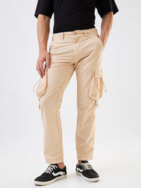 Men Cargo Straight Fit Beige Mid Rise