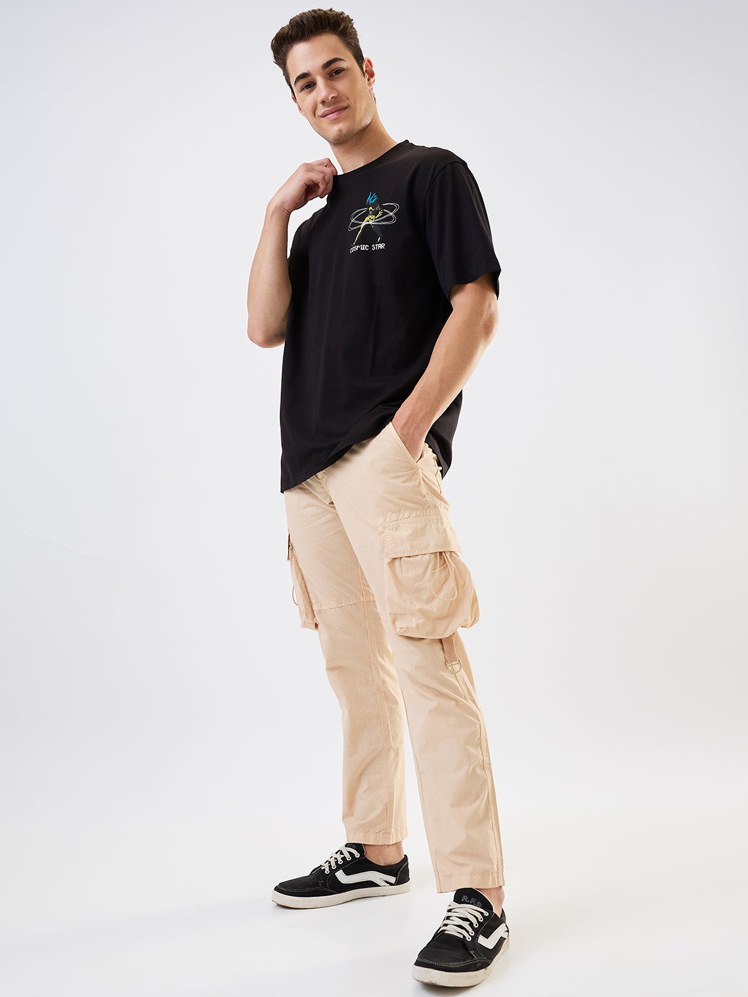 Men Cargo Straight Fit Beige Mid Rise