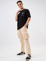 Men Cargo Straight Fit Beige Mid Rise