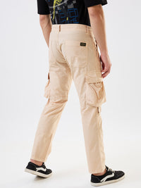 Men Cargo Straight Fit Beige Mid Rise