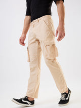 Men Cargo Straight Fit Beige Mid Rise