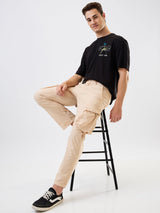 Men Cargo Straight Fit Beige Mid Rise