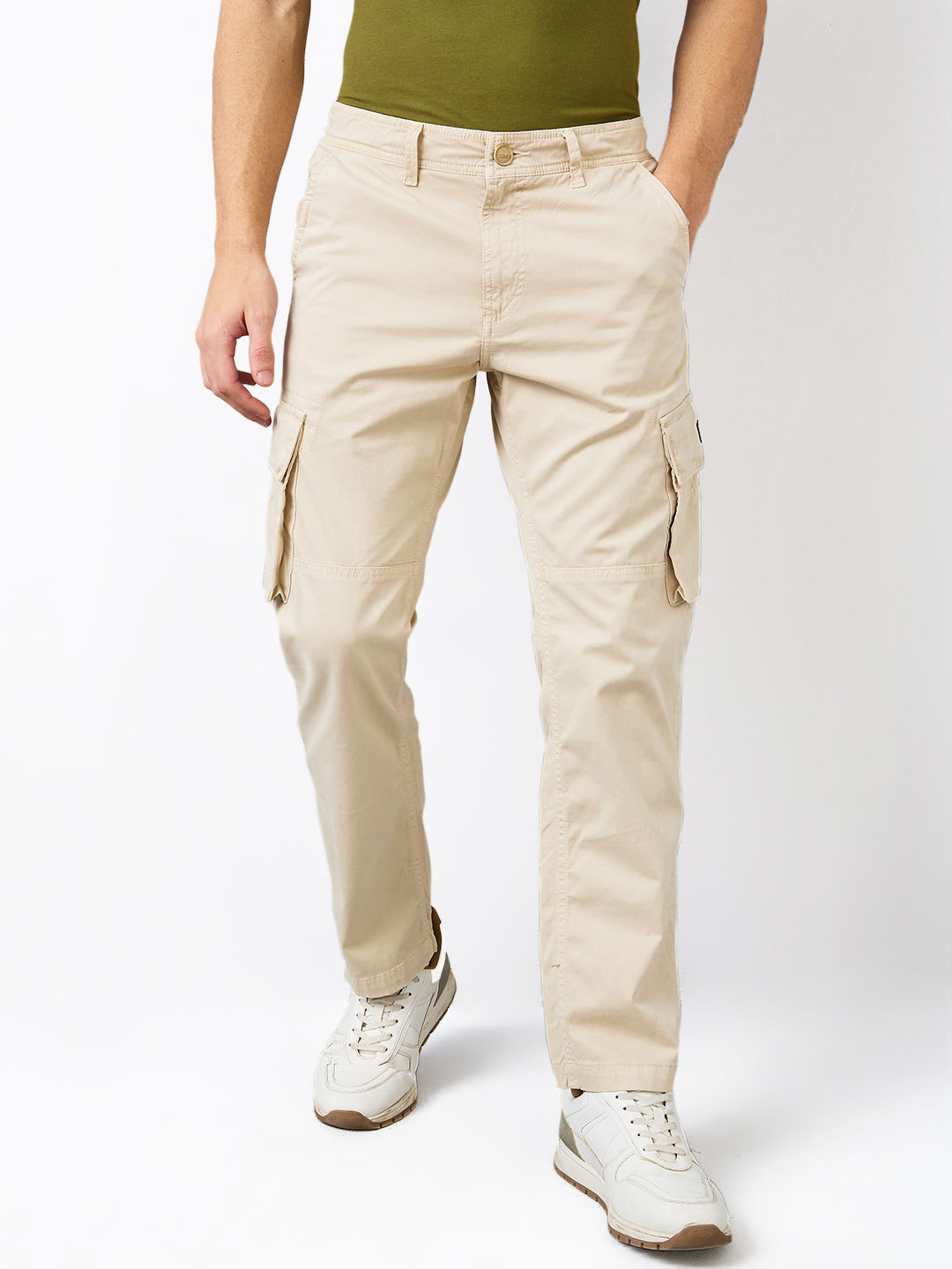 Spykar Beige Straight Fit Mid Rise Cargo For Men