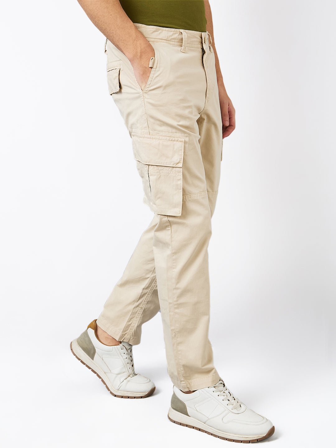 Spykar Beige Straight Fit Mid Rise Cargo For Men