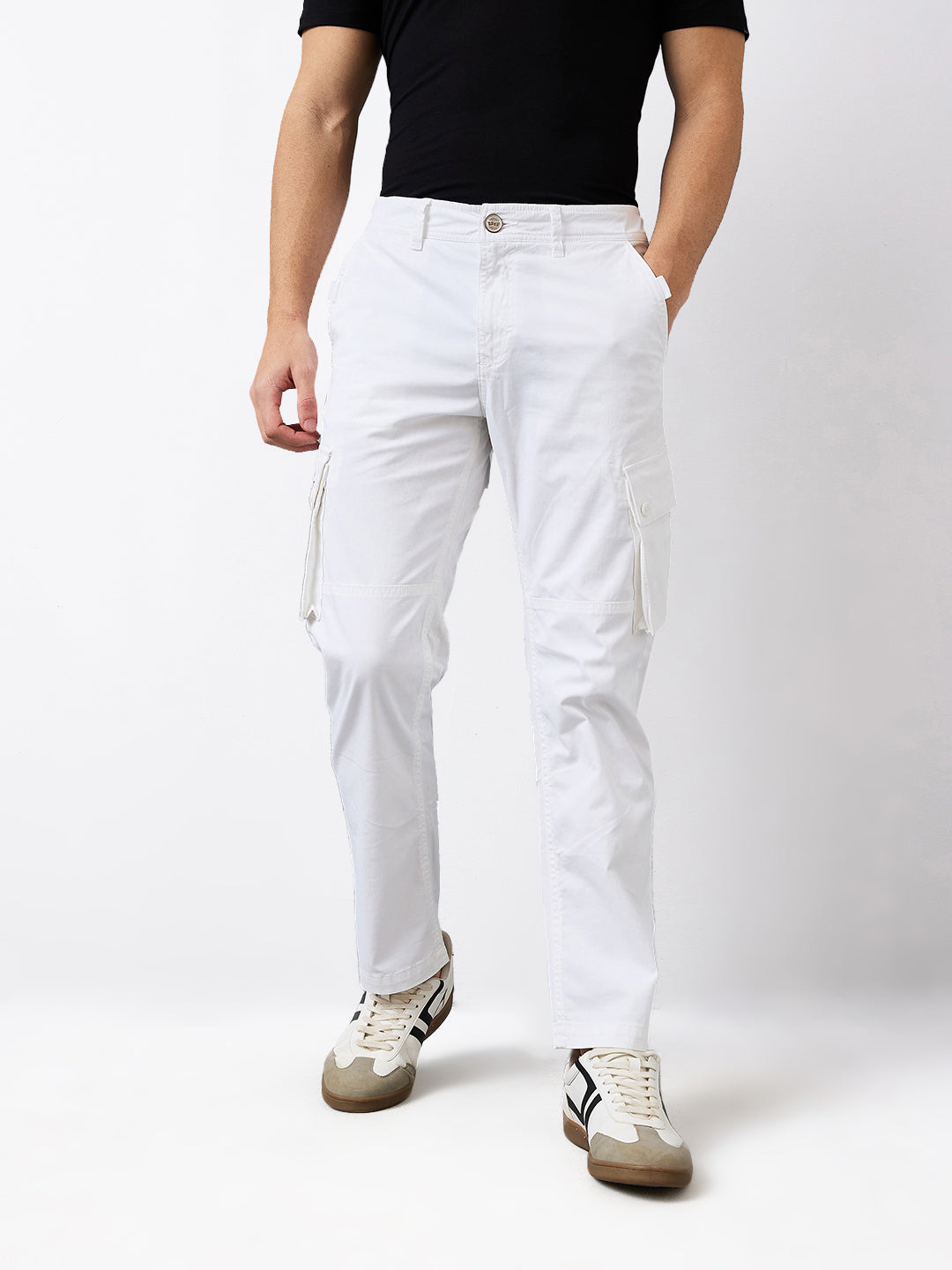 Spykar White Straight Fit Mid Rise Cargo For Men