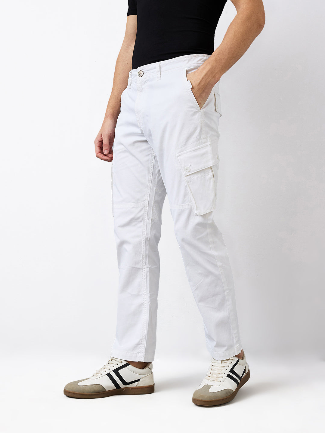 Spykar White Straight Fit Mid Rise Cargo For Men