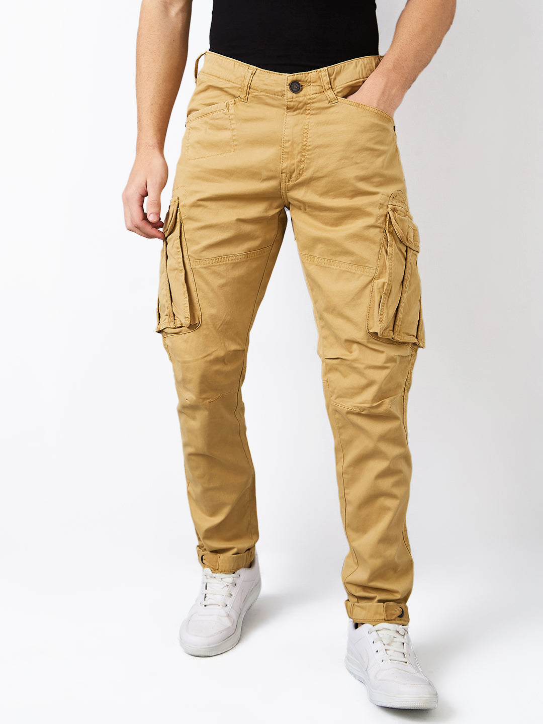 Spykar Khaki Regular Fit Mid Rise Cargo For Men
